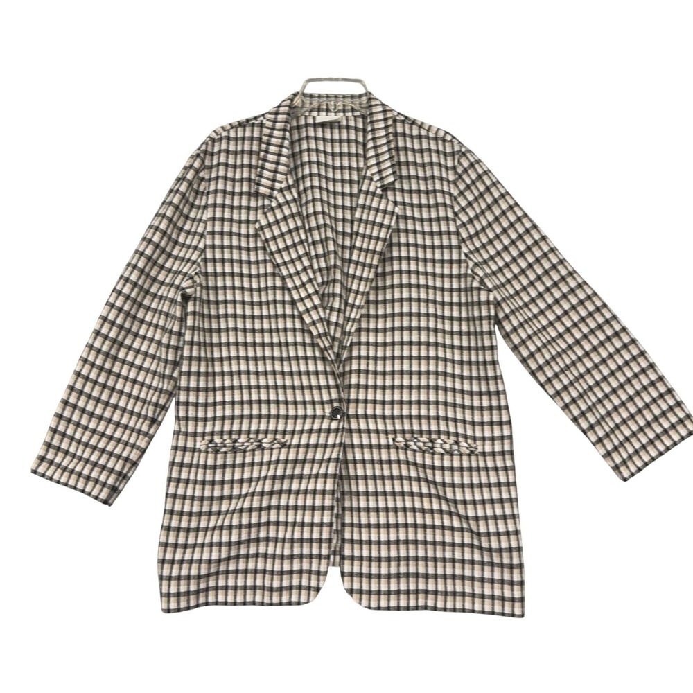 Modern Essentials Blazer Womens Large Beige Check Linen Blend 3/4 Sleeve Unlined